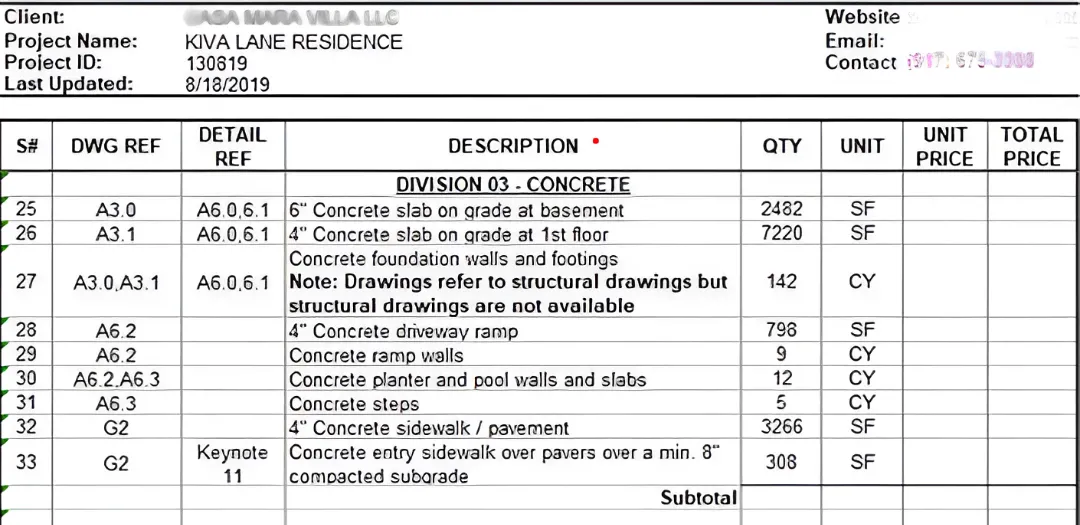 Quantity Takeoff Sheet